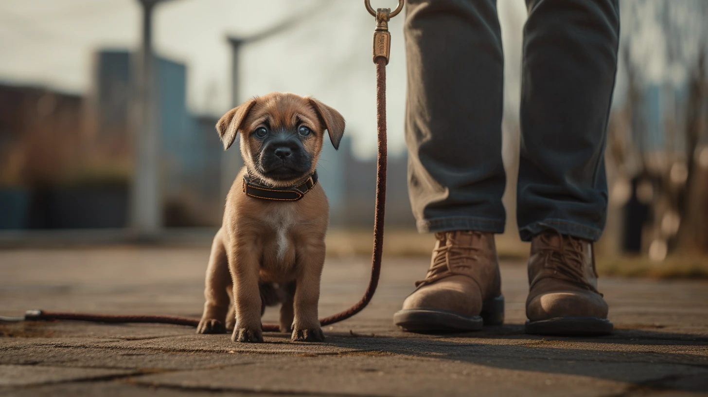puppy sitting next to owner with leash lying on floor