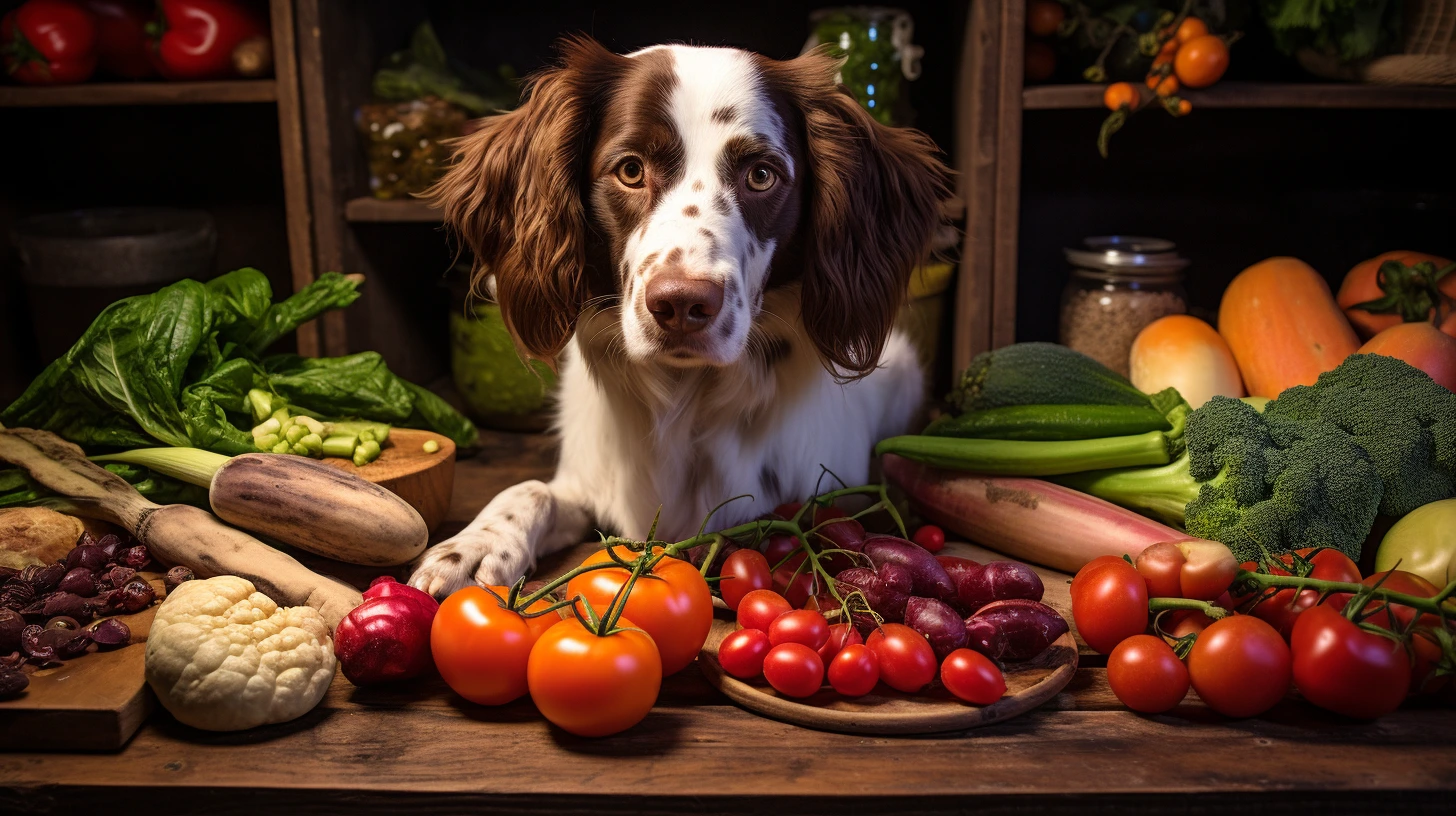 dog sitting in front of table with vegetables on it
