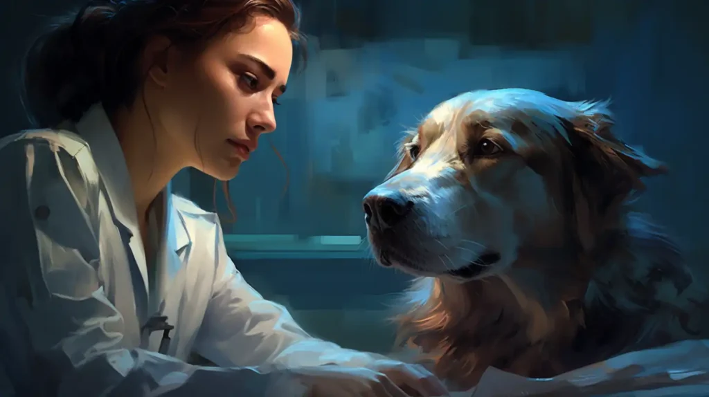 female doctor looking at sick dog