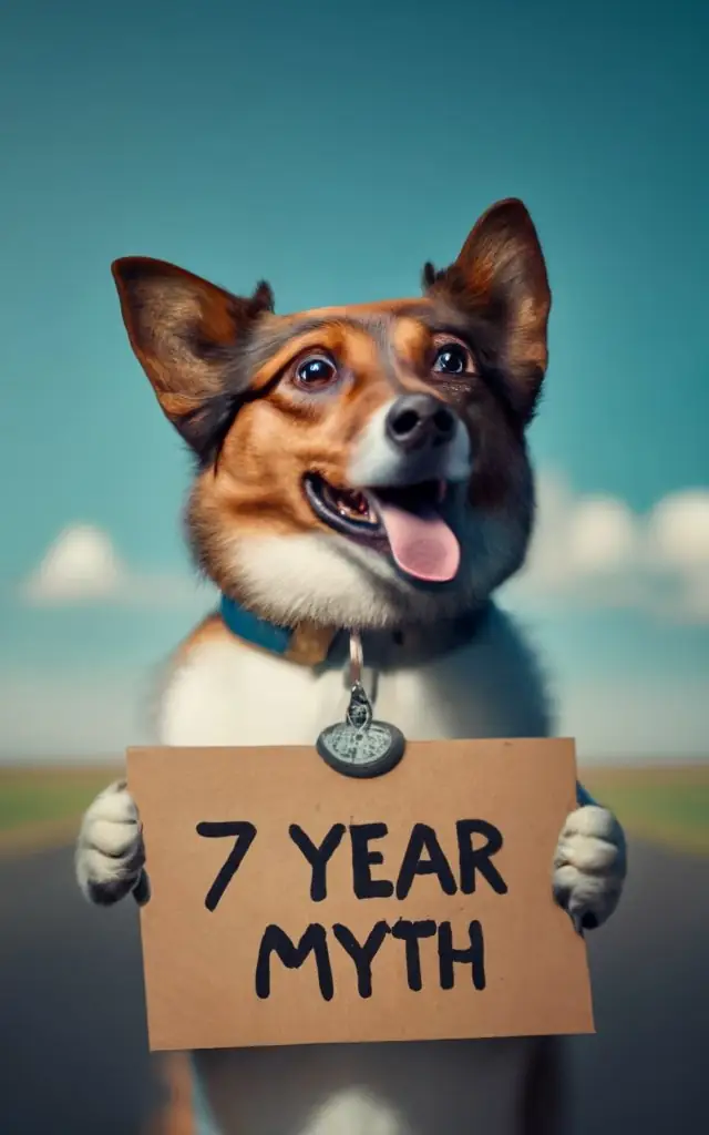 dog holding "7 year myth" sign