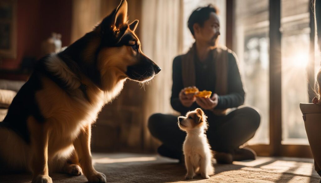 encouraging dog with treat