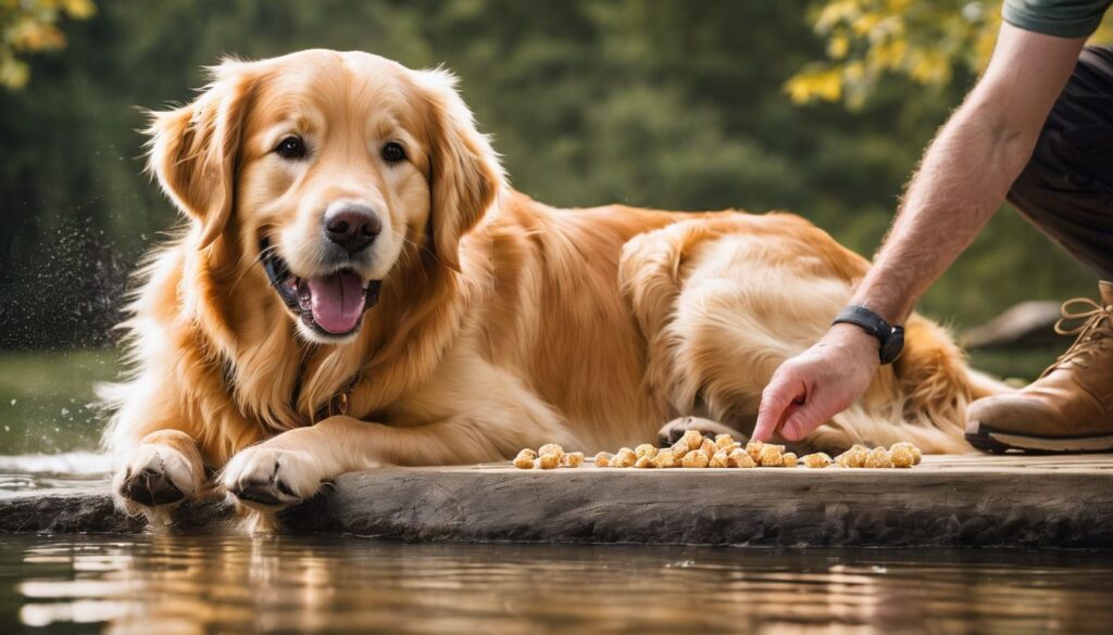 dog lying on lake deck