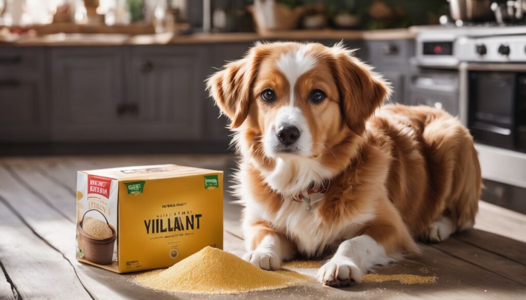 dog sitting in front of yeast