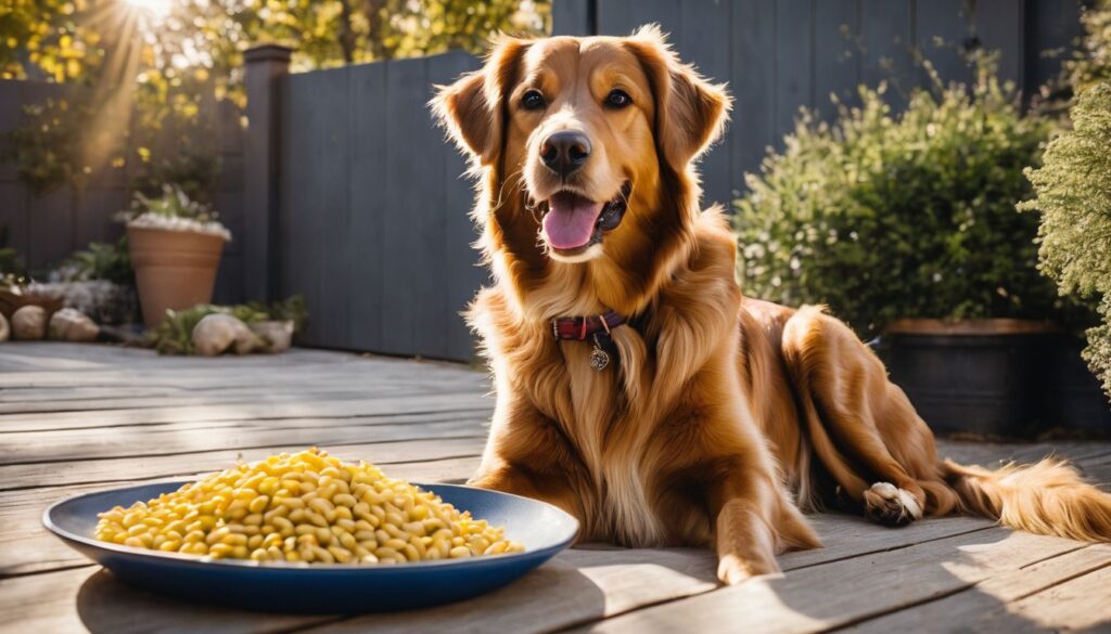 dog sitting in front of pile of yellow beans