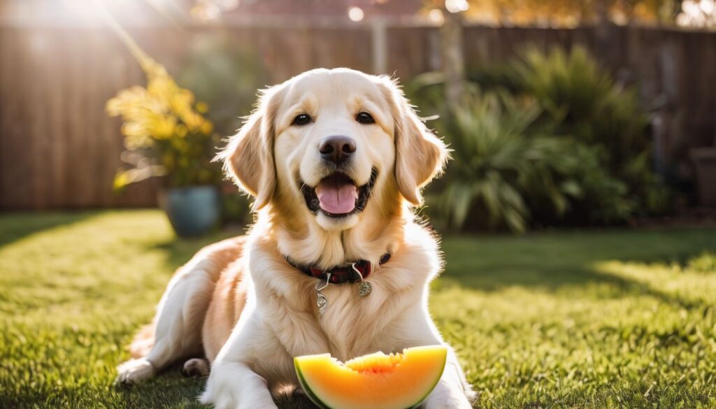 golden retriever looking at yellow melon