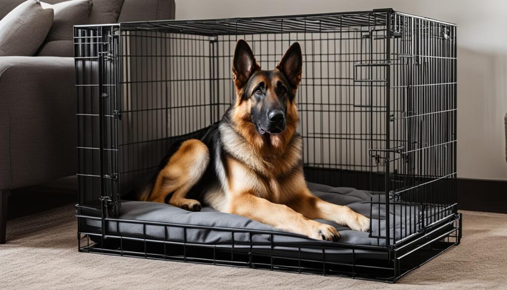 German Shepherd in crate