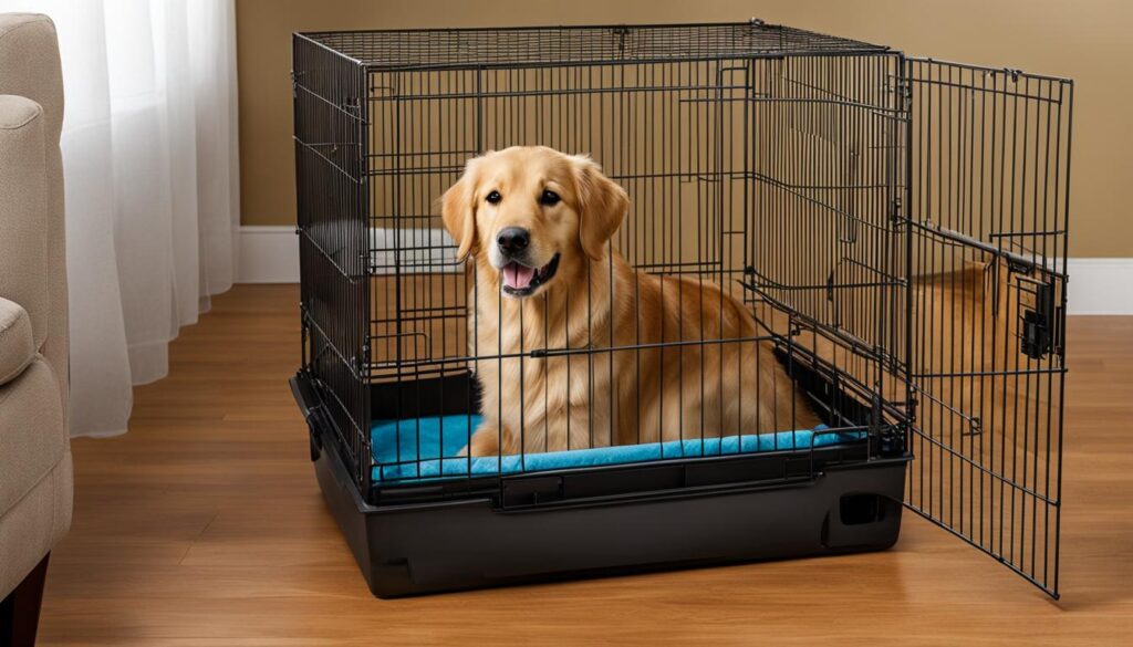 Golden Retriever in a crate